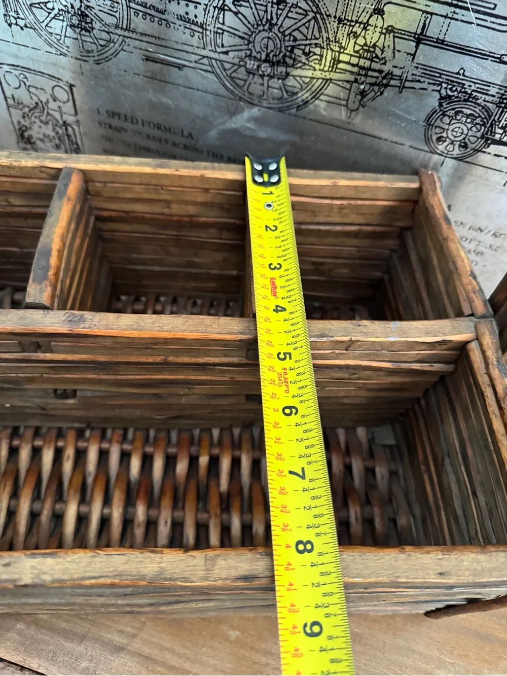 Vintage Farmhouse Wood Wicker Basket Woven Condiments Flatware Organizer Holder